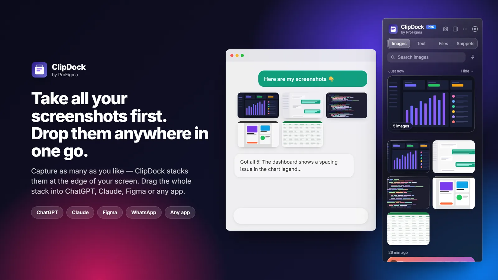 ClipDock promo: take all your screenshots first, drop them anywhere in one go
