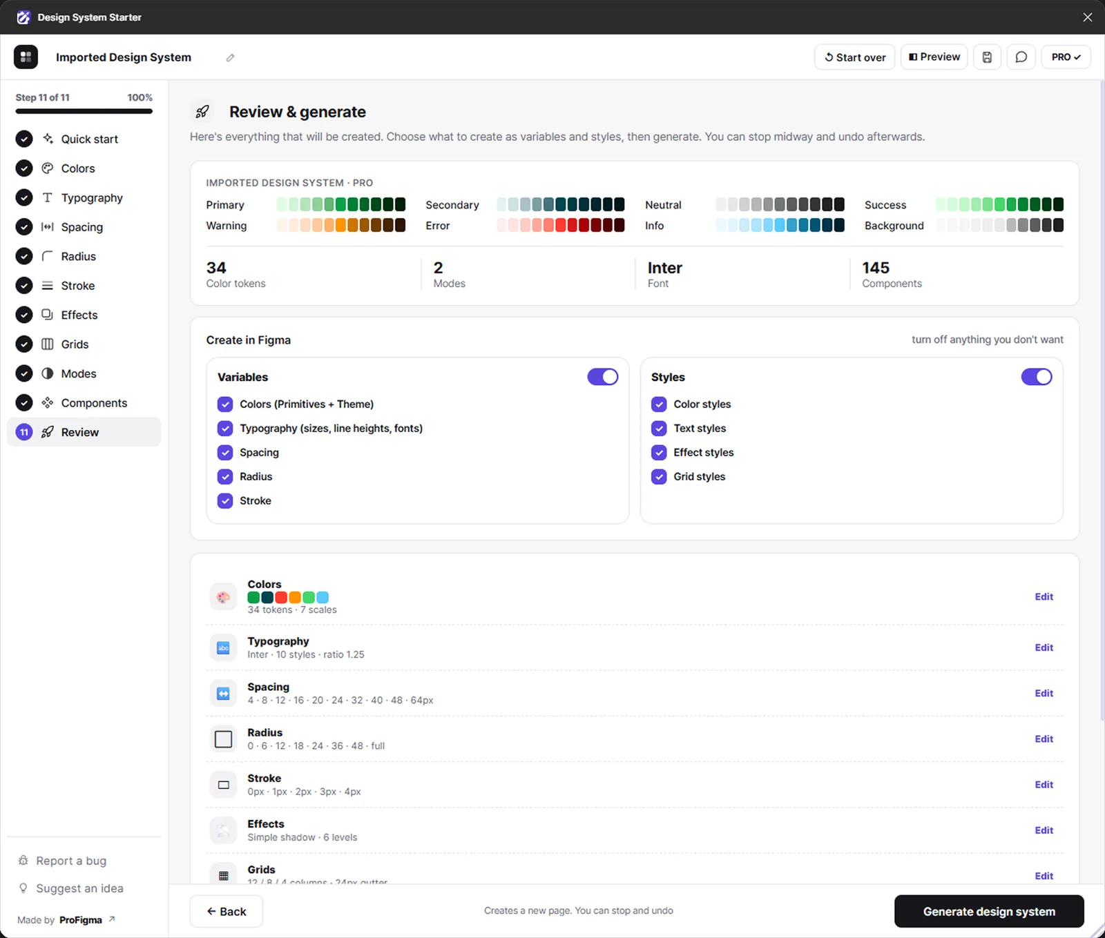 Design System Starter review step listing colours, typography, spacing, radius and the variables and styles it will create