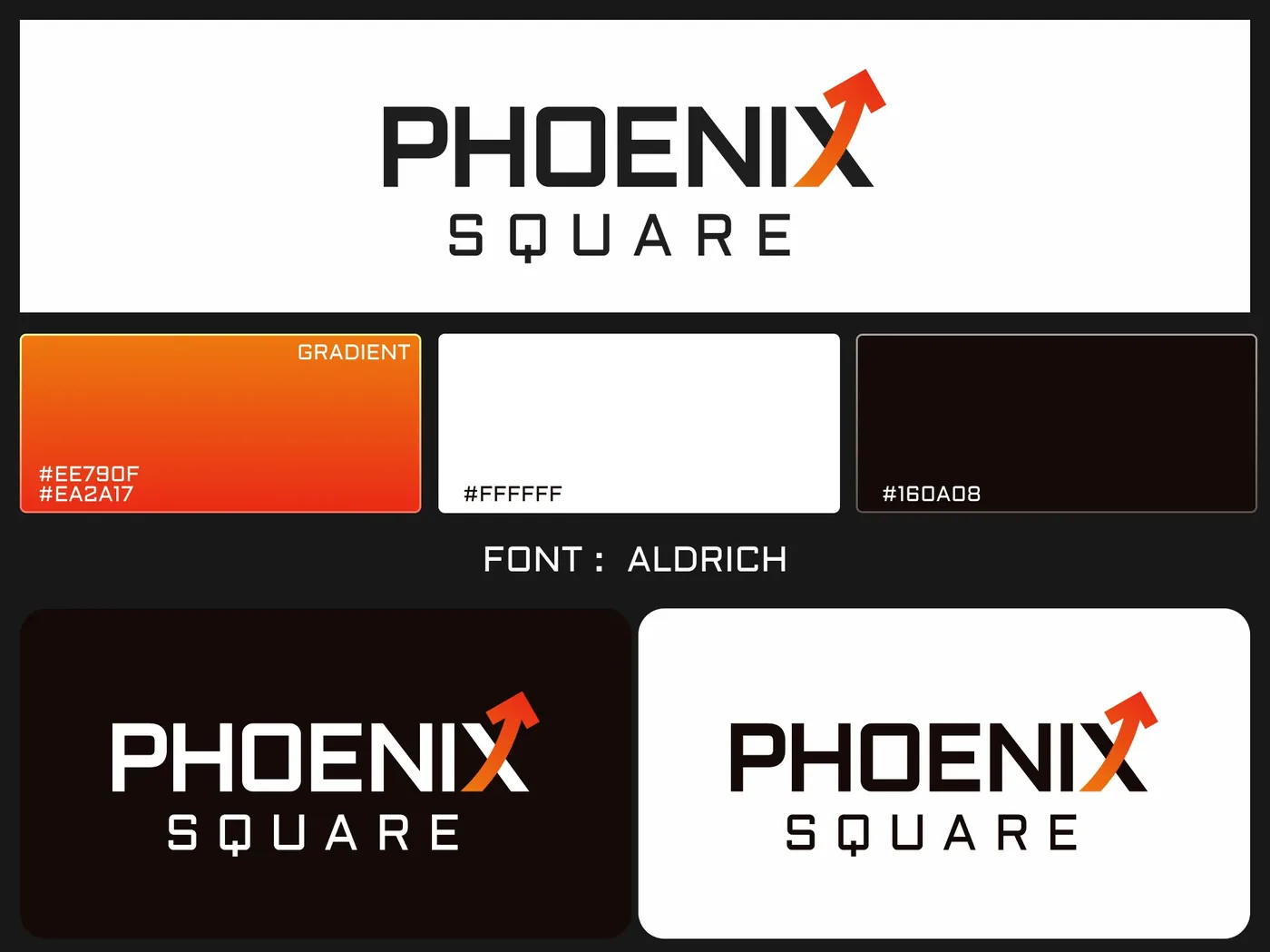 Phoenix Square logo on light and dark backgrounds with colours and font