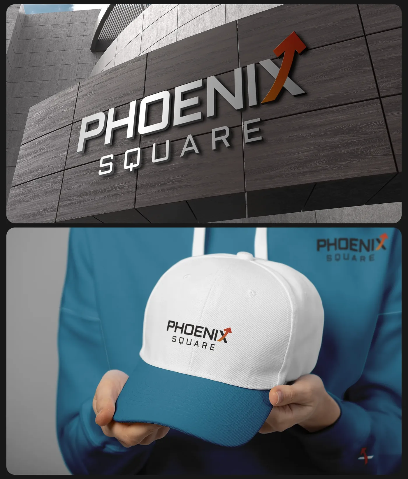 Phoenix Square logo on a building front and a cap