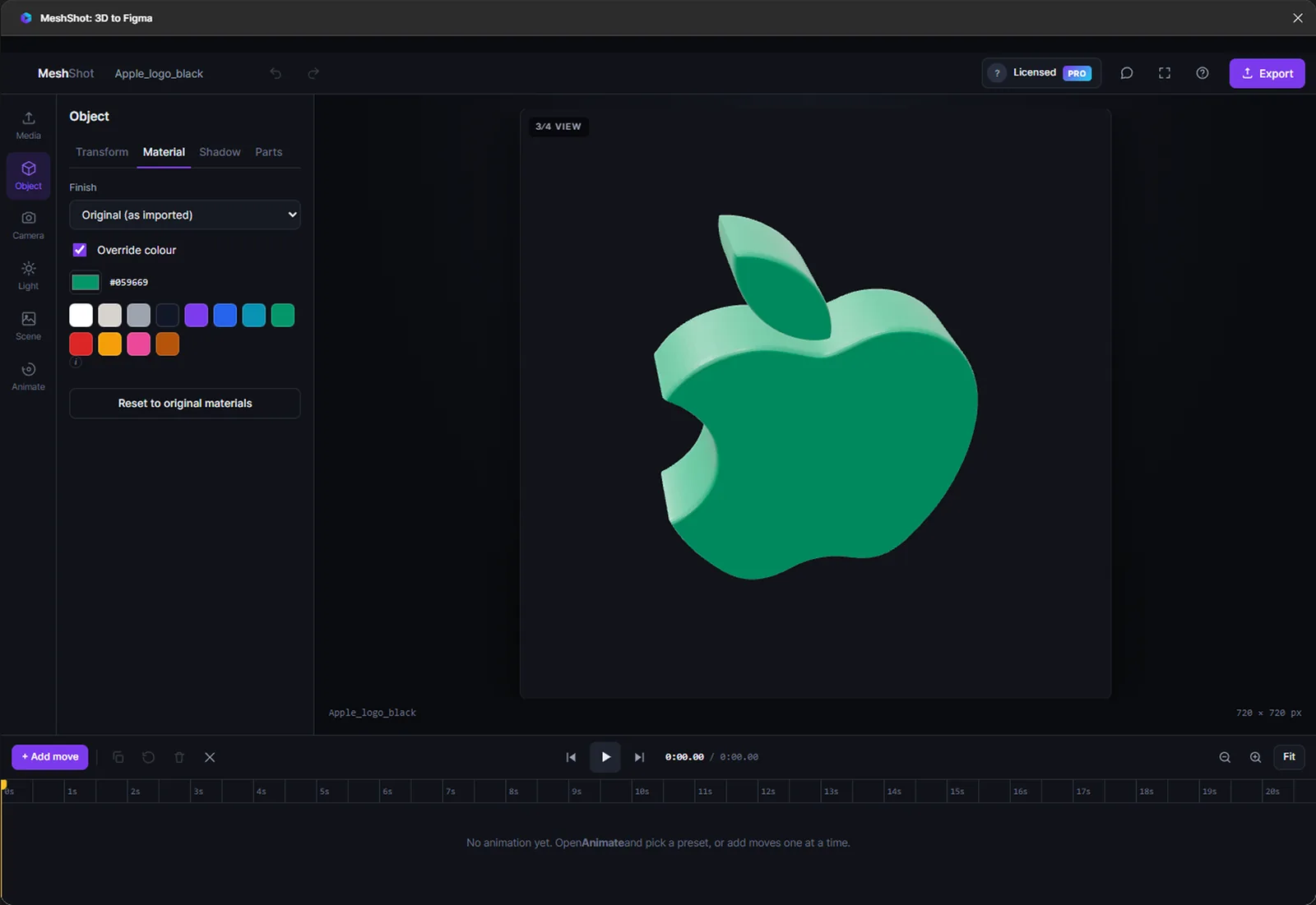 MeshShot plugin in Figma with a green 3D Apple logo, material panel and timeline
