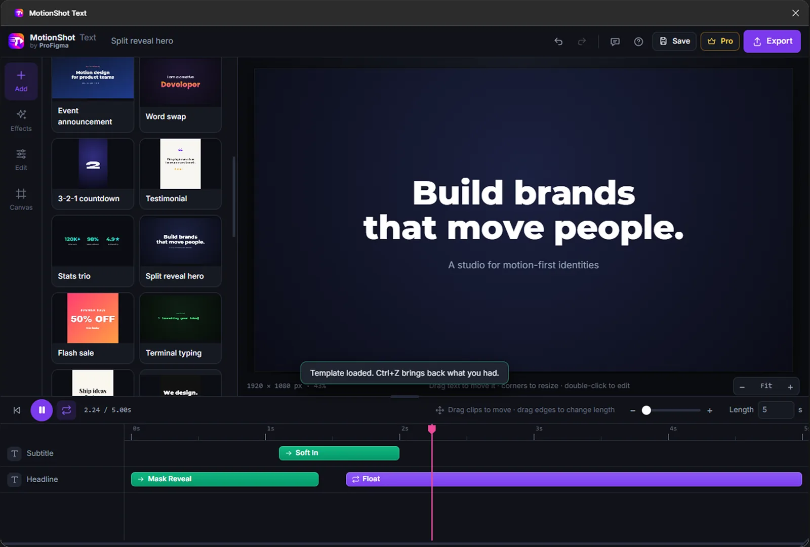 MotionShot Text plugin with templates on the left, a headline on the canvas and a timeline at the bottom