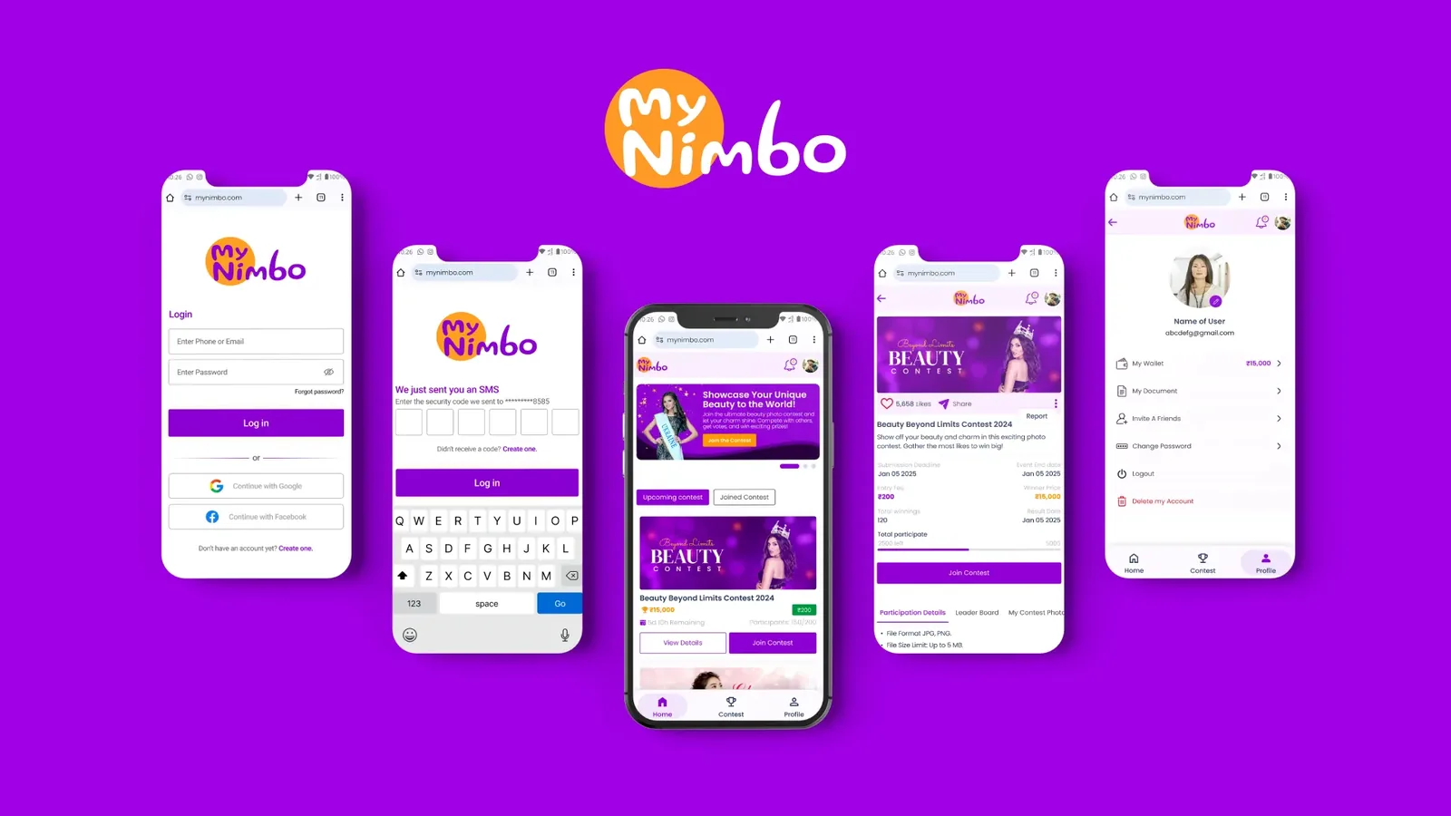 My Nimbo app screens on a purple background with the My Nimbo logo