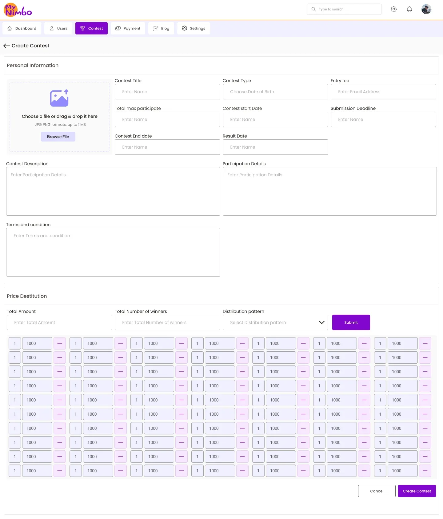 Create contest form in the admin