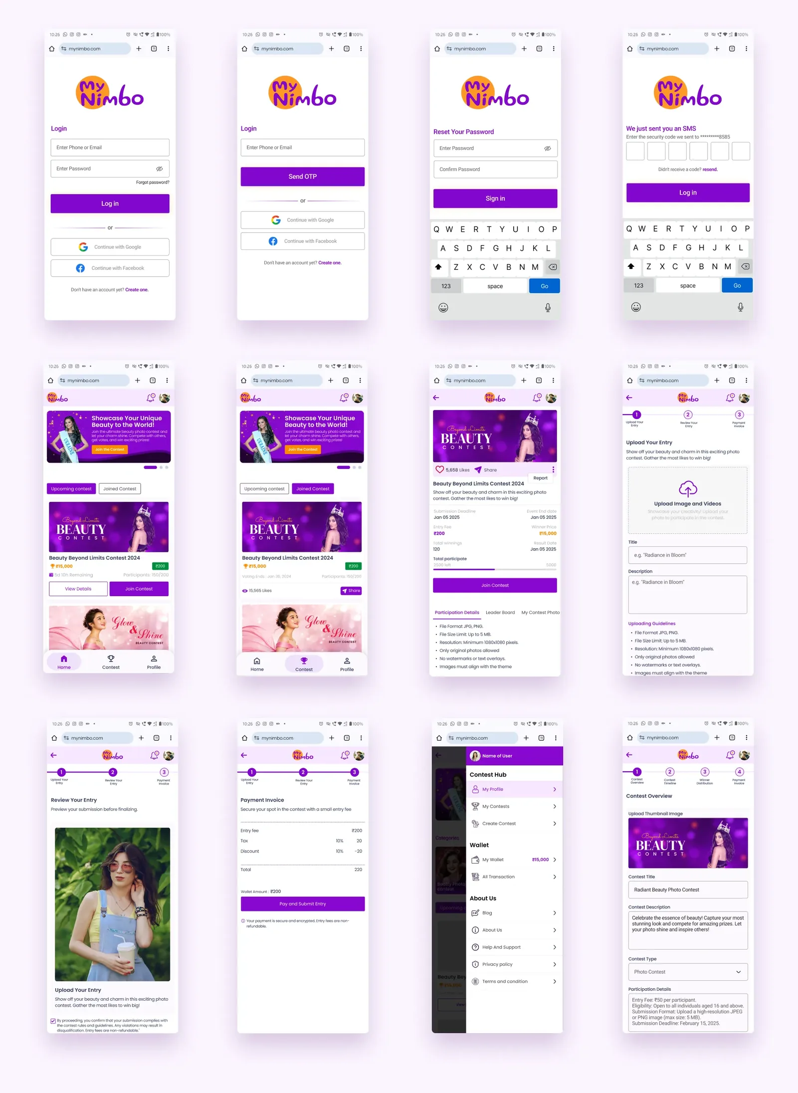 Grid of My Nimbo mobile screens: login, contests, contest details, wallet and leaderboard