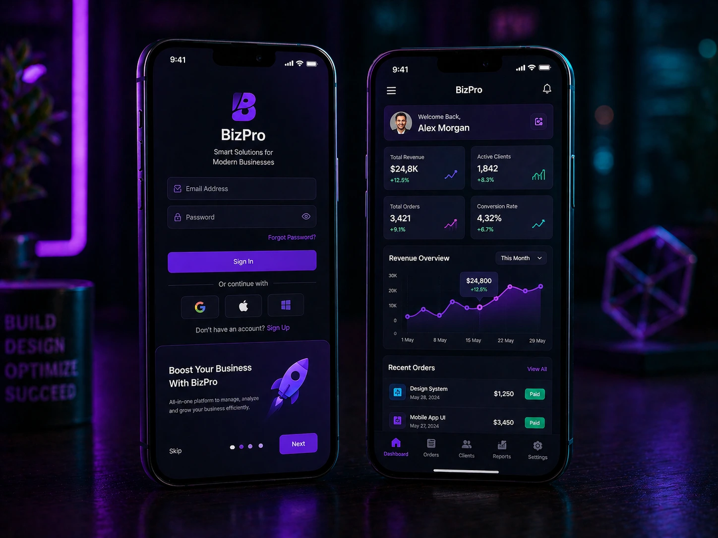 Mobile app designer for hire workspace showing iOS and Android UI design with Figma prototype on dark studio setup