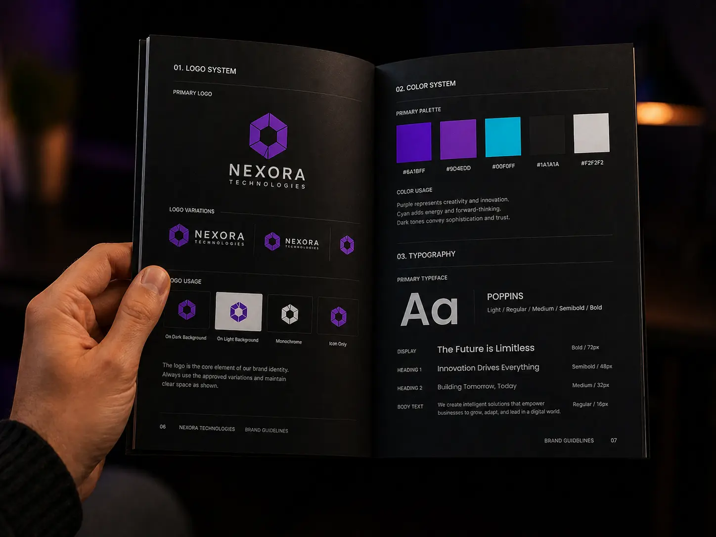 Portfolio sample of brand identity design work showing logo close-up, colour palette chips and typography specimen on dark background
