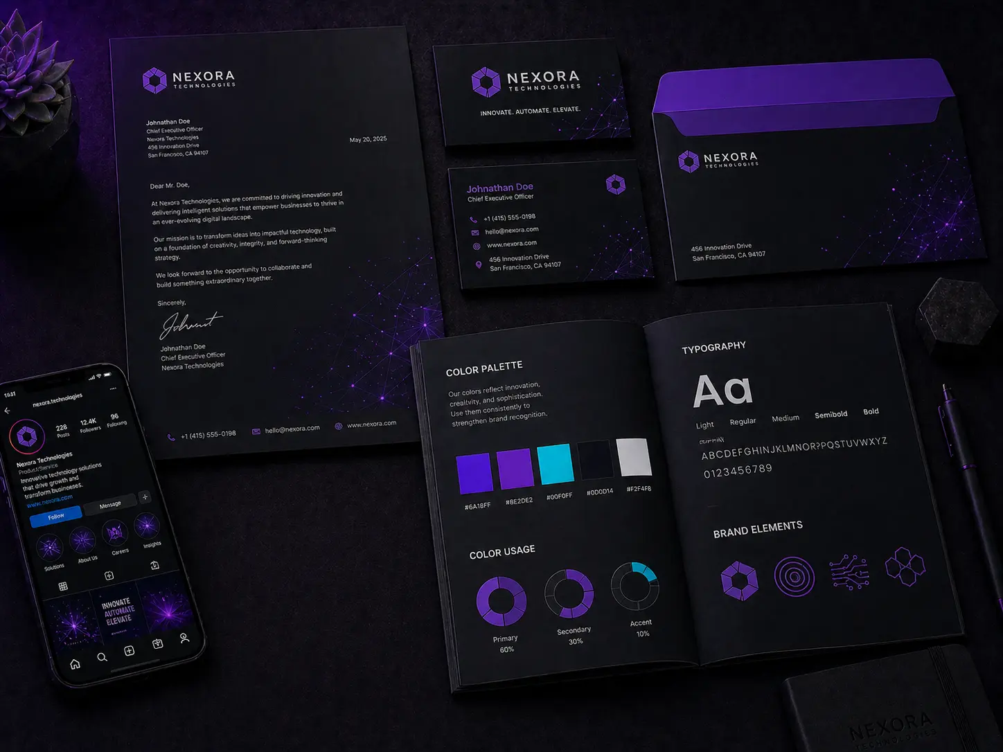 Brand identity design services showcase including logo samples, brand guidelines layouts, colour palettes and stationery mockups
