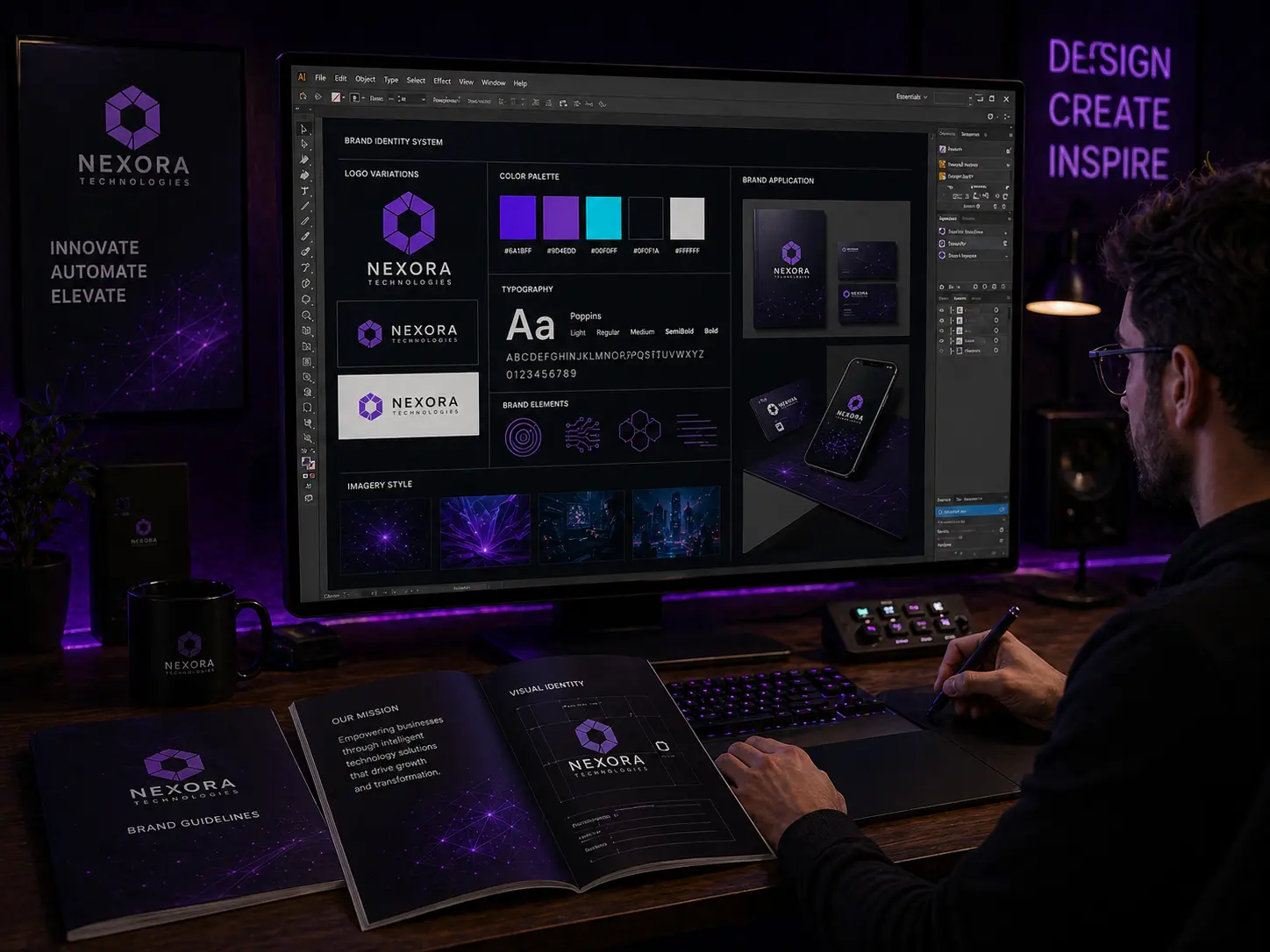 Brand identity designer workspace with logo concepts, color swatches and typography layouts in dark studio lighting