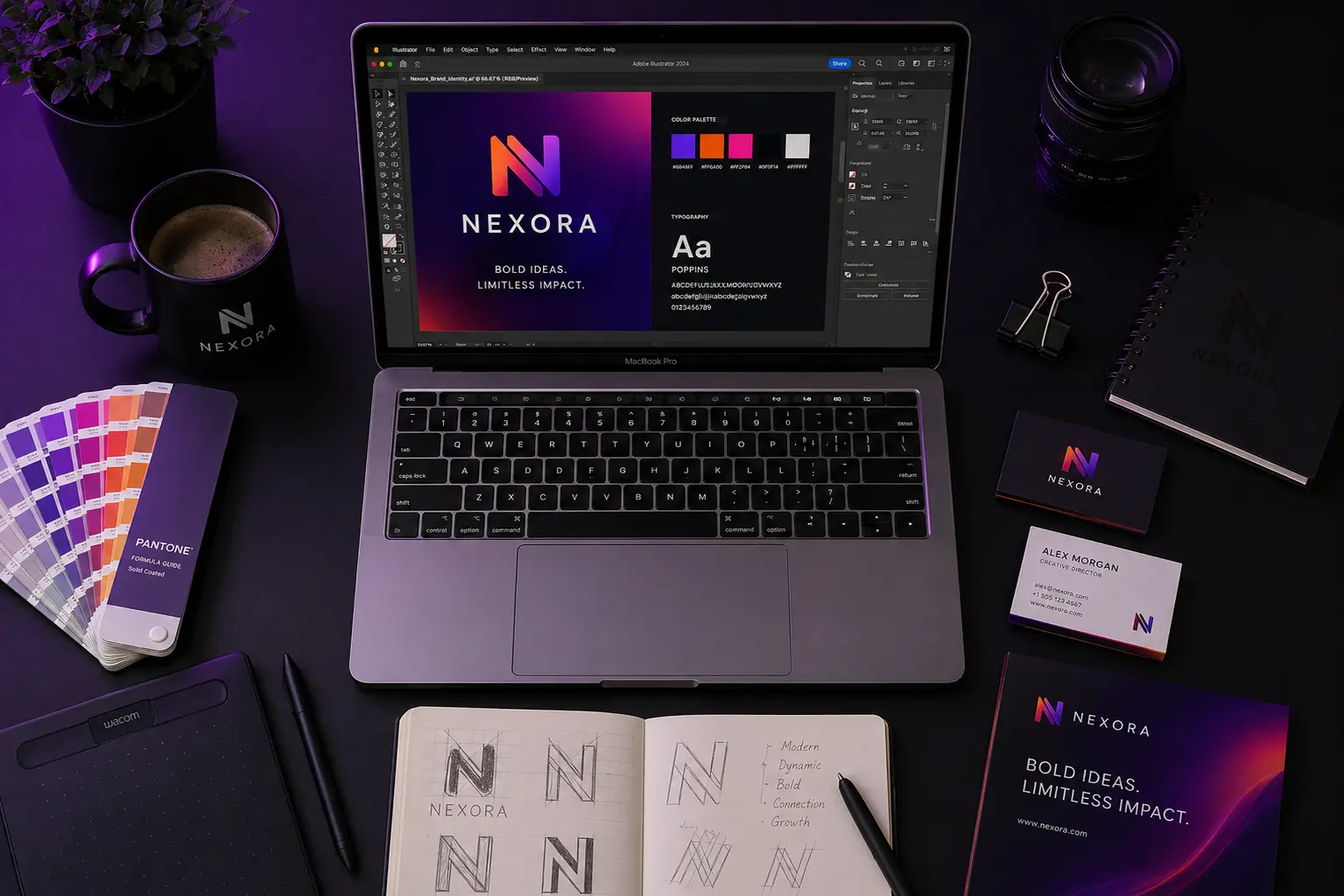 Freelance graphic designer Mahesh Kulal's workspace with Adobe Illustrator logo design and brand identity project on MacBook Pro