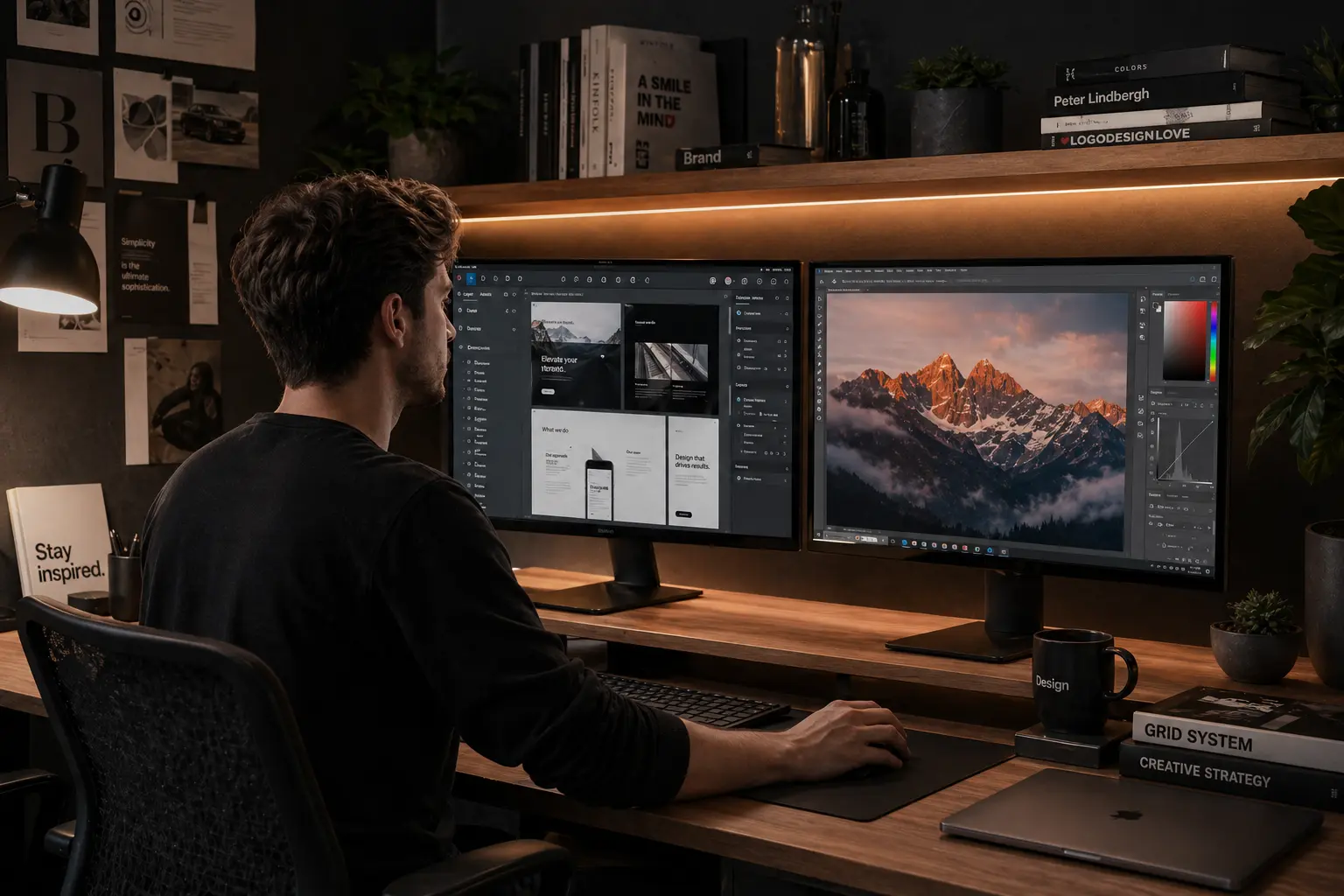 Professional graphic and UI UX designer Mahesh Kulal working on Figma and Adobe Photoshop at a modern dual-monitor desk setup