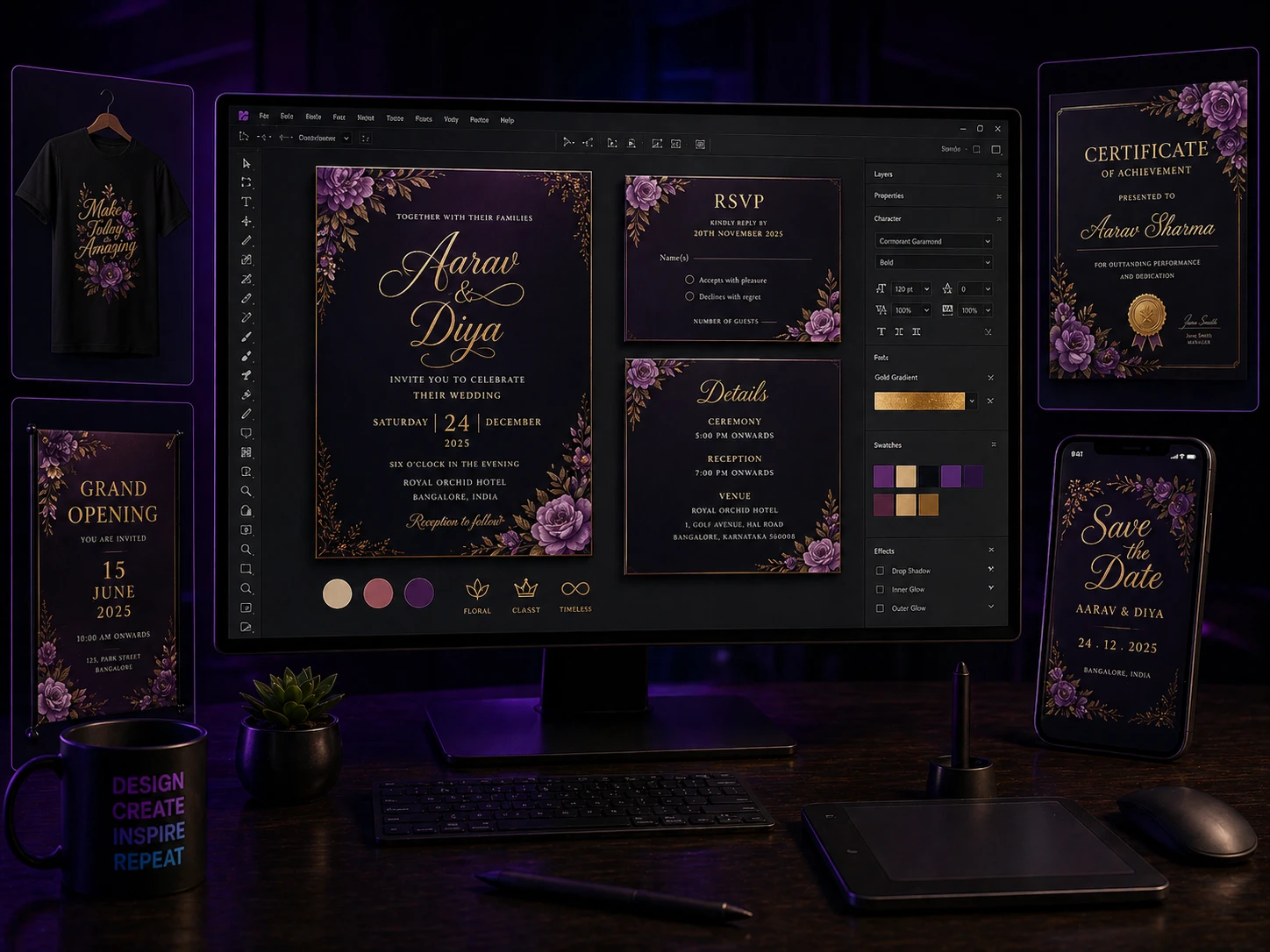 Event and merchandise design services showcase including wedding invitation T-shirt design event banner mug and certificate