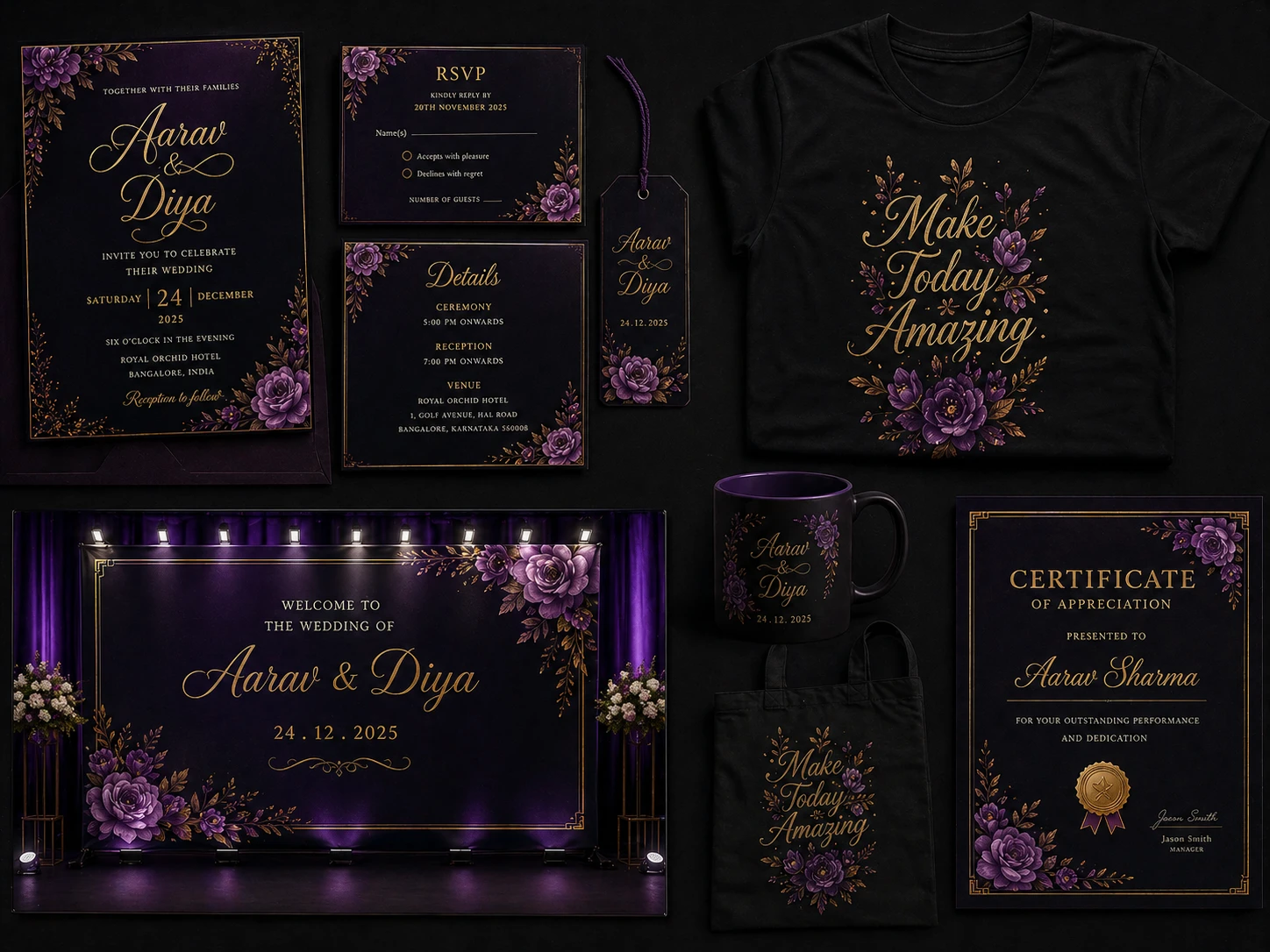 Wedding invitation design portfolio sample showing premium invite suite with floral typography by event graphic designer Mahesh Kulal