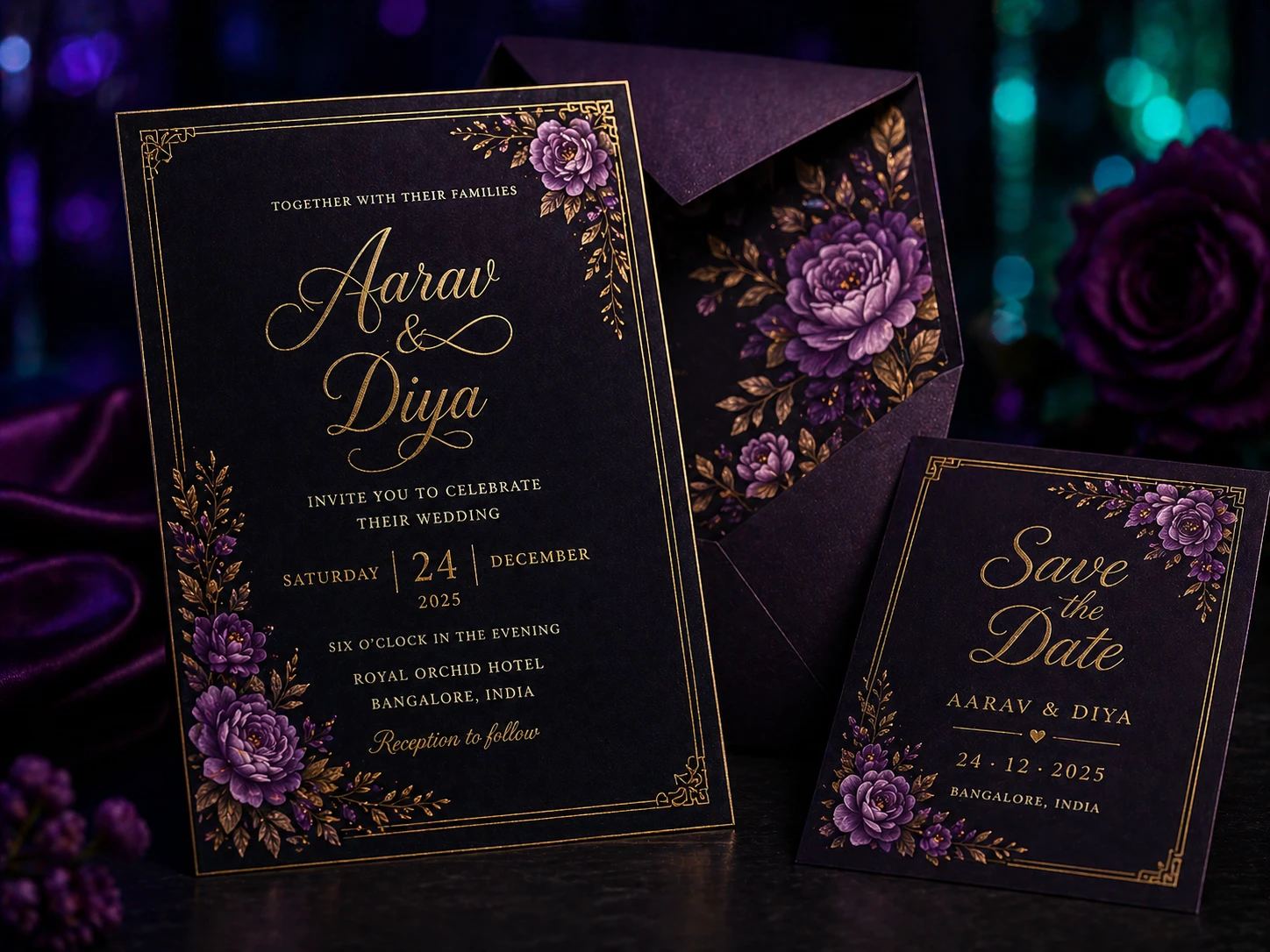 Event graphic designer India workspace showing wedding invitation design and event branding on a dark studio monitor