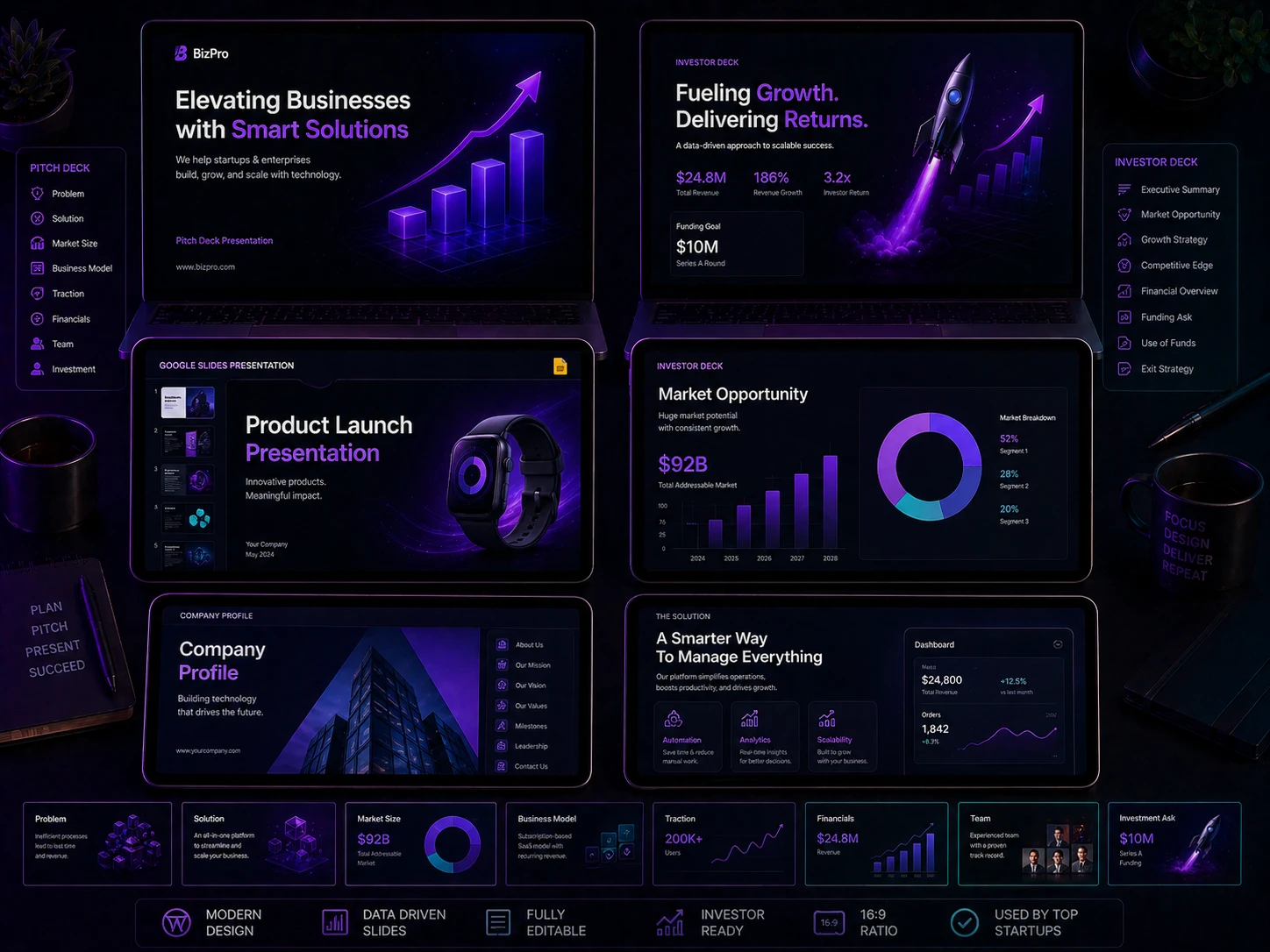 Figma pitch deck design portfolio sample showing investor deck slides with data visualization and bold typography by Mahesh Kulal