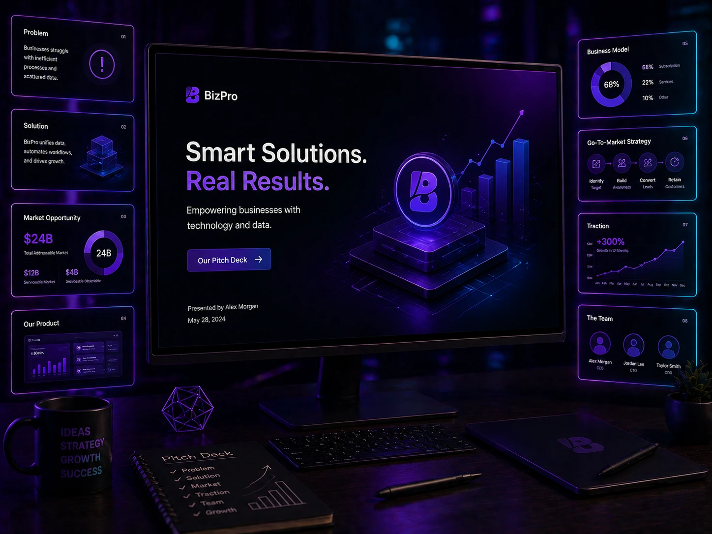 Presentation designer for hire workspace showing pitch deck and investor deck being designed in Figma on a dark studio monitor