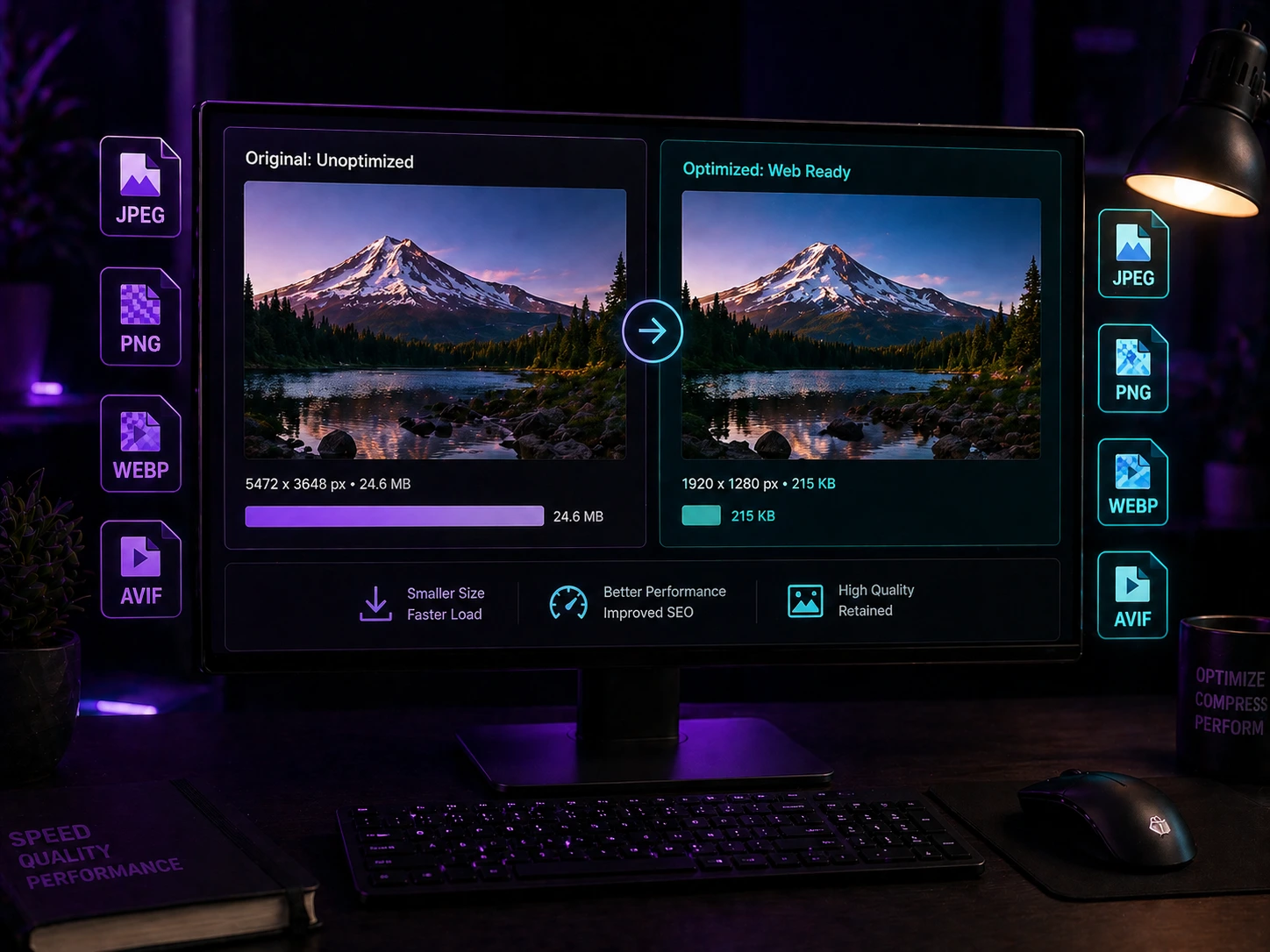 Image optimization services showcase including e-commerce image resizing for Amazon Shopify and Flipkart with format conversion