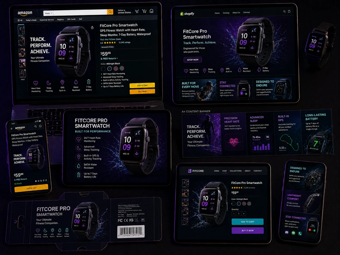 Ecommerce design services showcase including Amazon listing design Shopify store A+ content product infographic and packaging