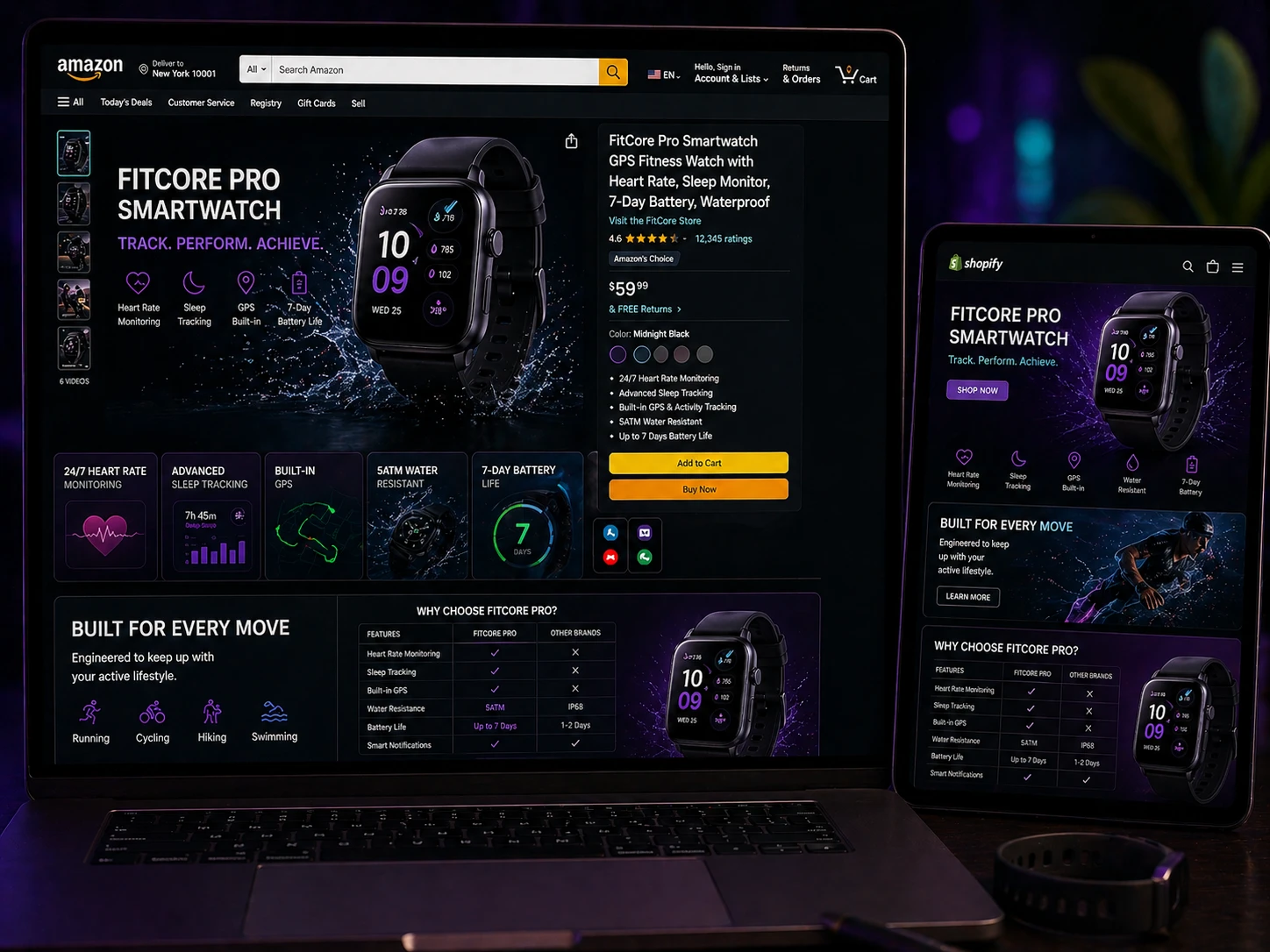 Ecommerce product designer India workspace showing Amazon listing design and Shopify store design on a dark studio monitor