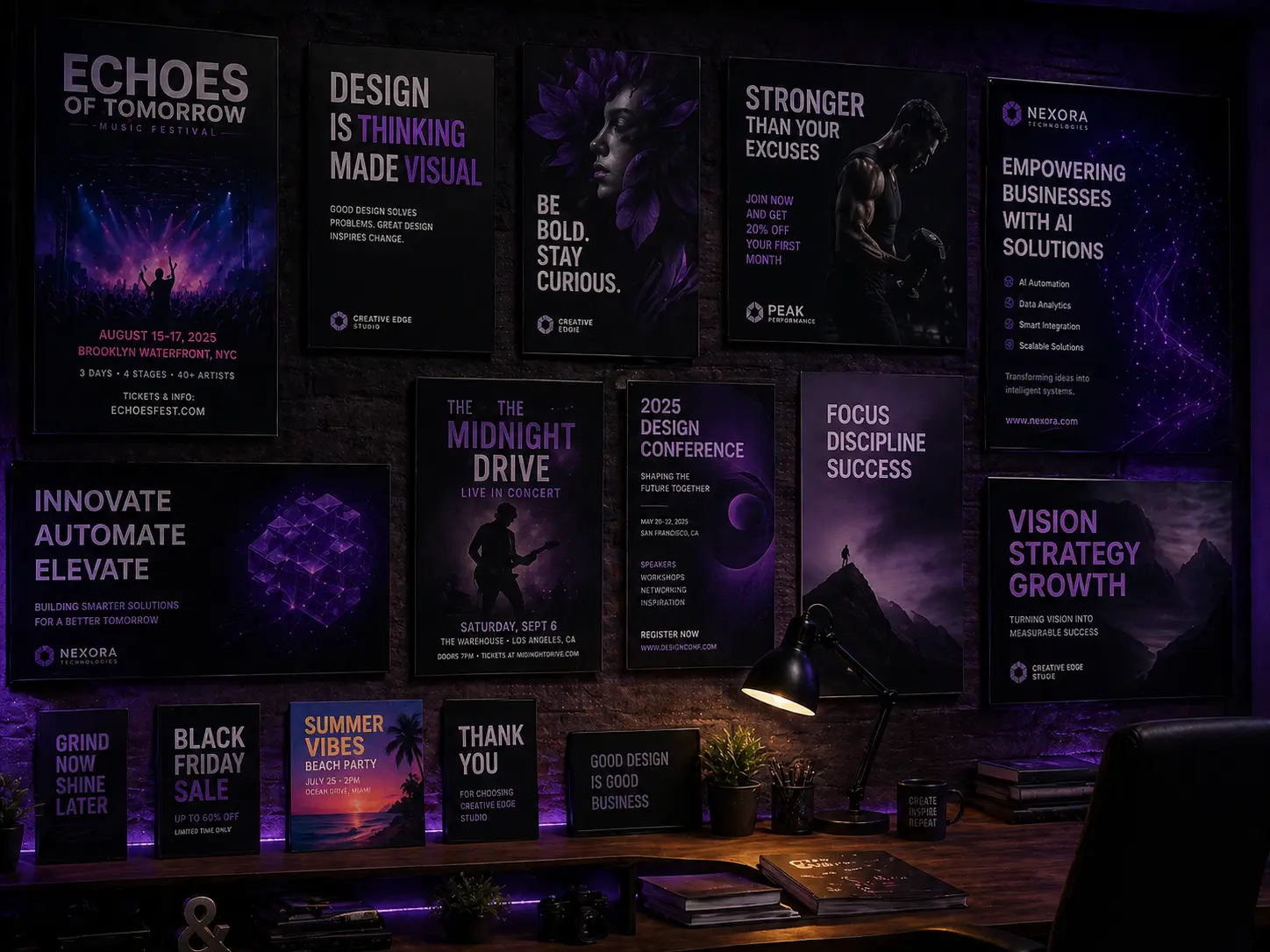 Print design portfolio by Mahesh Kulal showing flex banner, product flyer, bifold brochure and trade show standee designs