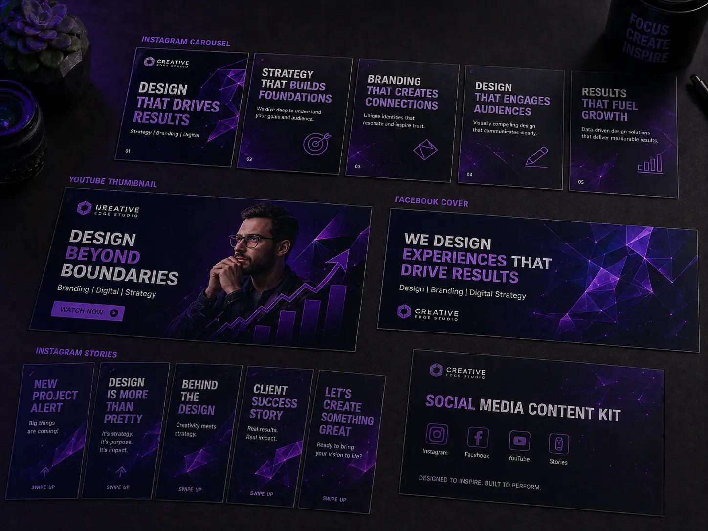 Social media design portfolio by Mahesh Kulal showing Instagram carousel, YouTube thumbnail, Facebook cover and branded story template designs