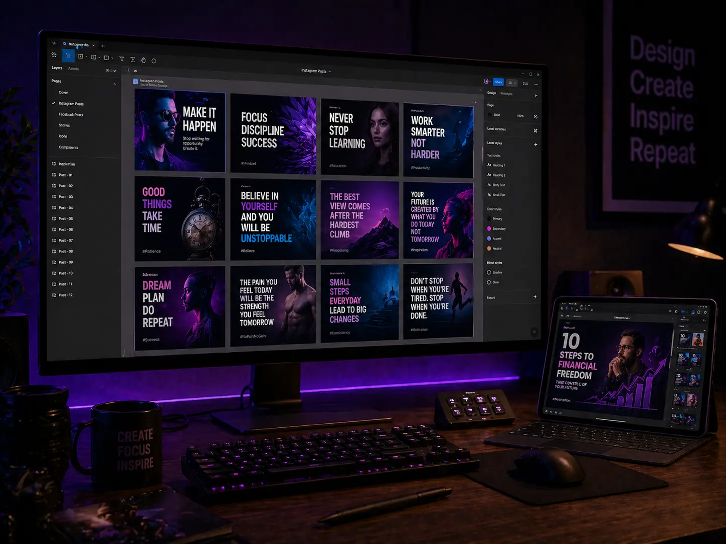 Social media designer for hire Mahesh Kulal designing Instagram posts and YouTube thumbnails on large ultrawide monitor