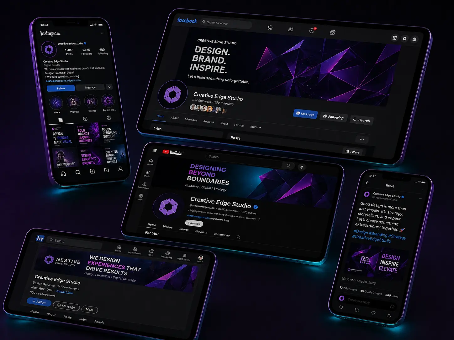 Social media design portfolio by Mahesh Kulal showing Instagram posts, YouTube thumbnails, Facebook covers and LinkedIn banners across device mockups