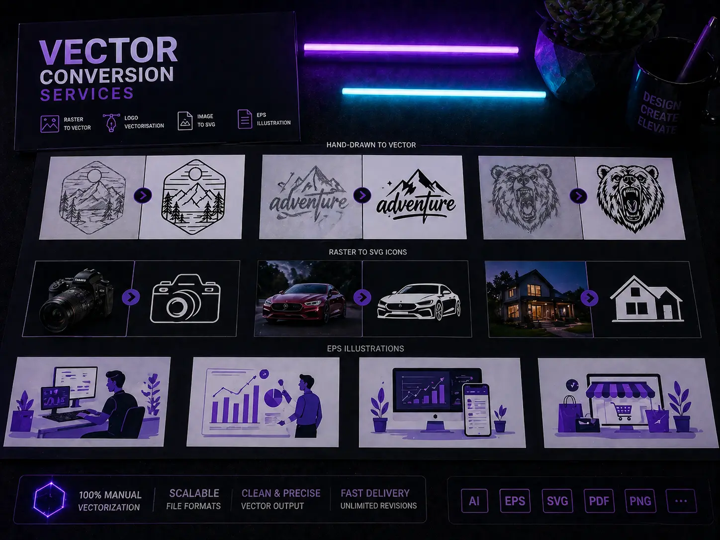 Vector conversion specialist workspace with drawing tablet, bitmap-to-vector tracing software and SVG files in dark studio lighting