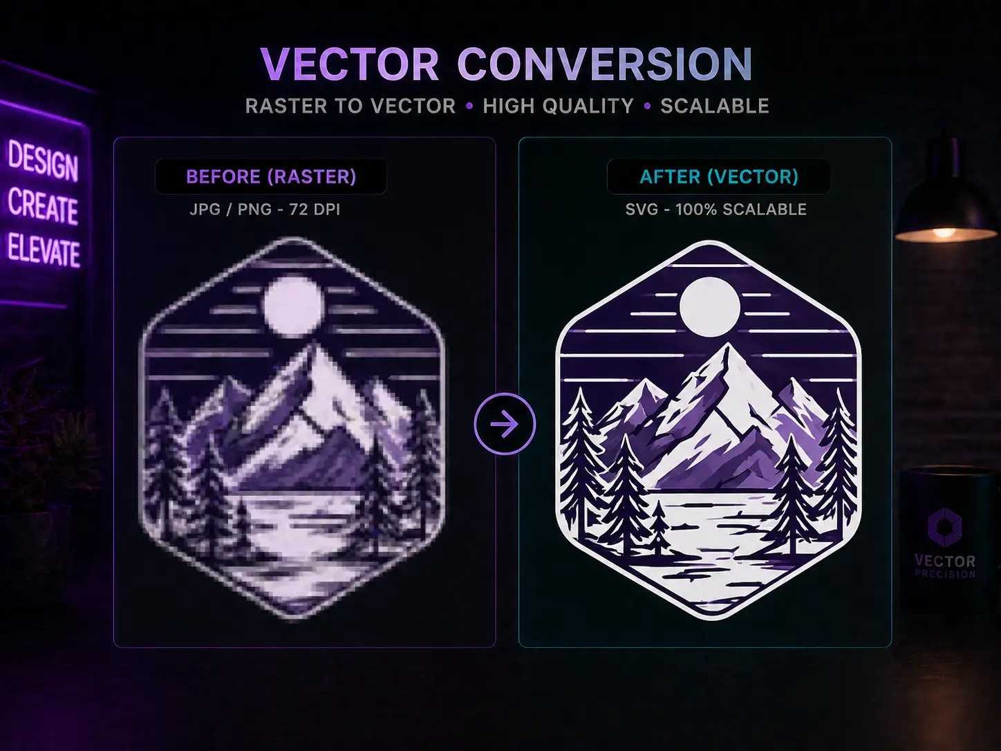 Vector conversion services showcase with vectorised logos, SVG icons, raster to vector results and EPS illustration samples on dark background