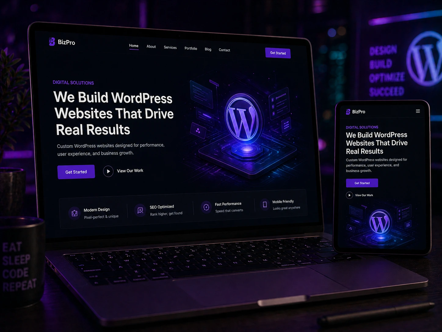 WordPress web designer India workspace showing Elementor page builder and WooCommerce setup in a dark studio