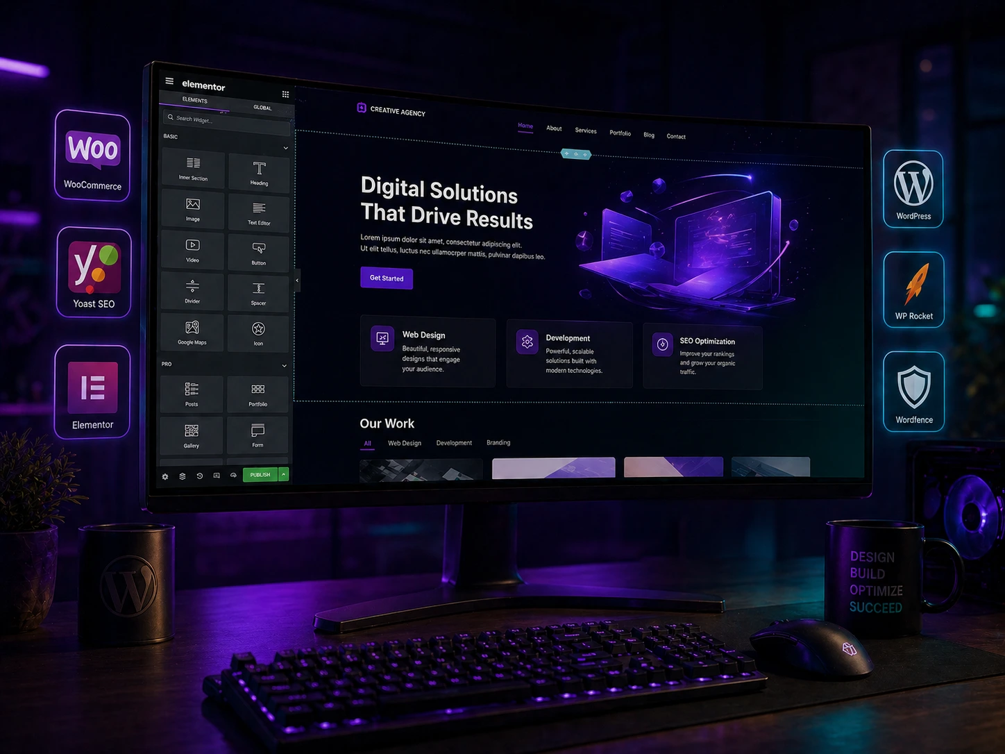 WordPress web design services showcase including WooCommerce store design Elementor landing page and portfolio website